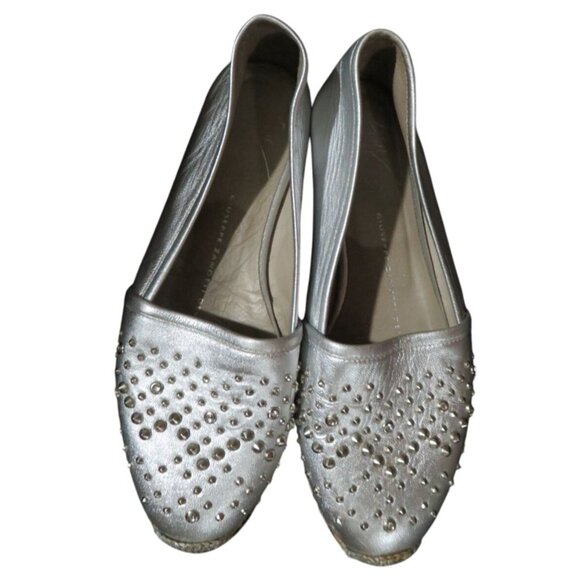 Giuseppe Zanotti Silver Metallic Italian Leather Studded Adorned  Espadrilles 7 - Picture 1 of 10